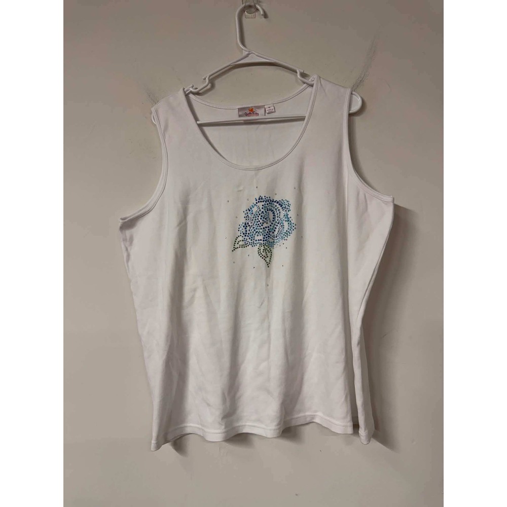 Quacker Factory Womens 1X White Tank Top Rhinestone Rose Studded Sleeveless